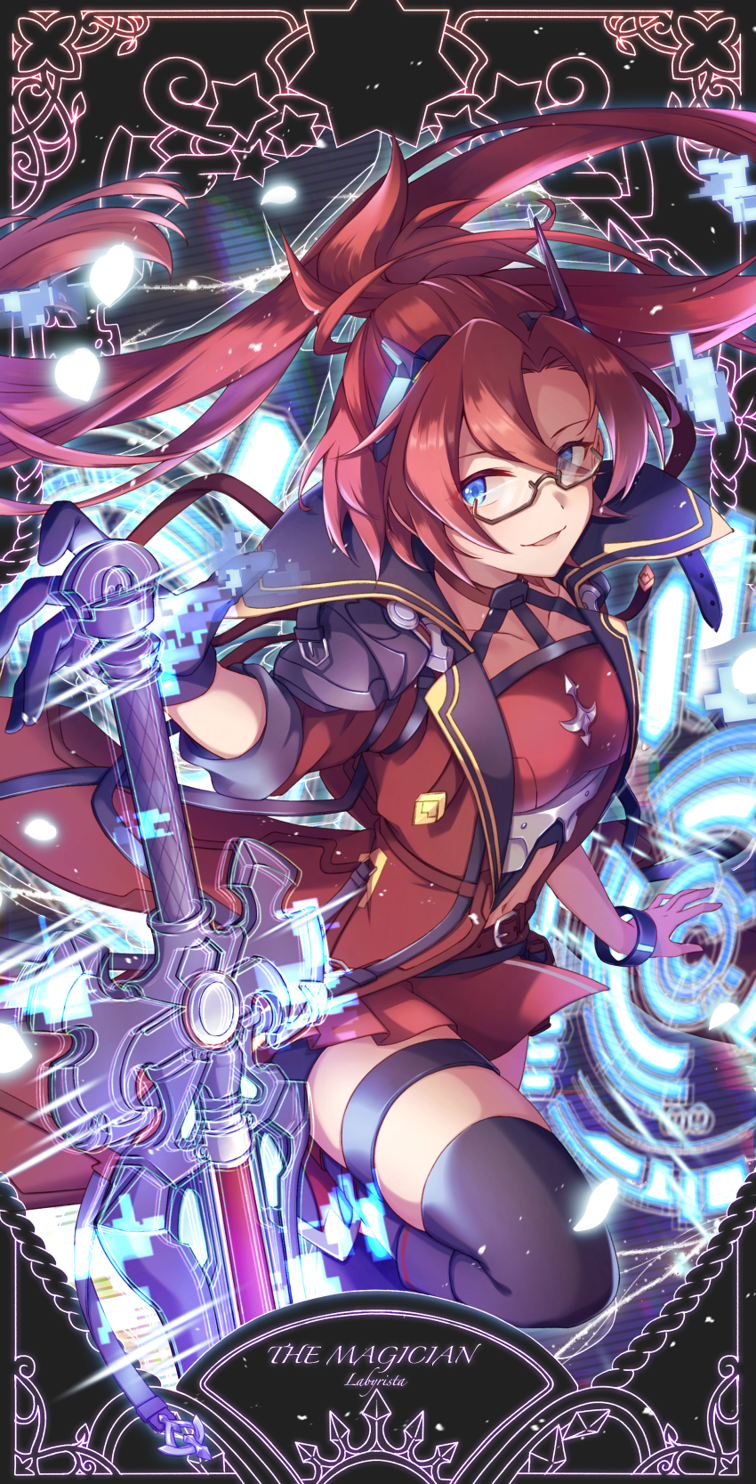1girl absurdres altheavin belt black_gloves black_thighhighs blue_eyes breasts coat english_text floating_hair glasses gloves highres labyrista_(princess_connect!) large_breasts long_hair magic ponytail princess_connect! red_coat red_hair red_shirt resolution_mismatch shirt smile solo source_smaller sword thighhighs weapon