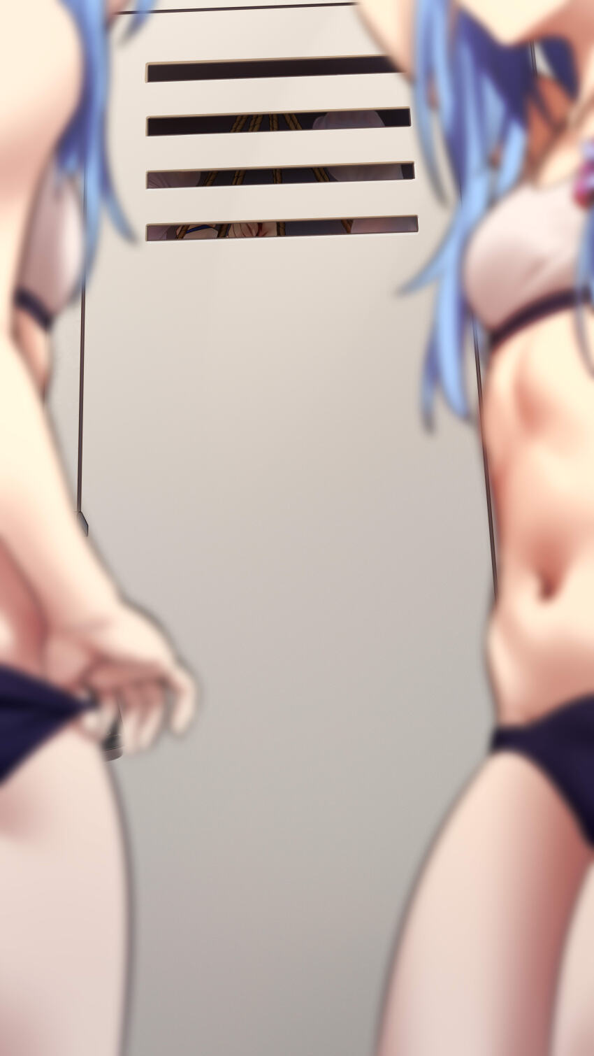 3girls absurdres arms_up bdsm black_panties blue_hair bondage bound bound_arms bound_legs bra breasts hatsuyuki_(warship_girls_r) highres in_locker legs_up long_hair multiple_girls navel panties ray_(pixiv9514208) separated_legs skindentation small_breasts stomach suspension underwear warship_girls_r white_bra