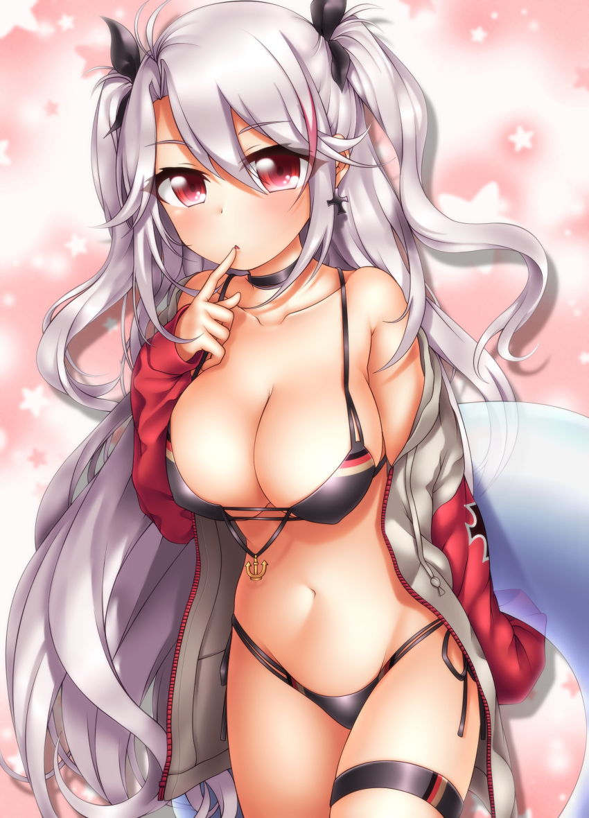 1girl absurdres azur_lane bikini black_bikini breasts choker cleavage commentary_request cross earrings female_focus finger_to_mouth flag_print german_flag german_flag_bikini hair_between_eyes highres index_finger_raised innertube iron_cross jewelry large_breasts long_hair looking_at_viewer multi-strapped_bikini_bottom multi-strapped_bikini_top multicolored_hair navel oooqqq parted_lips prinz_eugen_(azur_lane) prinz_eugen_(unfading_smile)_(azur_lane) red_eyes silver_hair solo swim_ring swimsuit thigh_strap two-tone_hair two_side_up