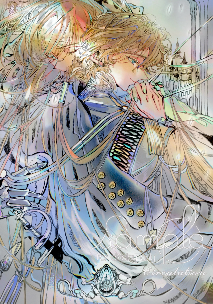 2boys airgetlam_(fate) artist_request bedivere_(fate) blonde_hair blue_eyes chinese_commentary commentary_request commission fate/grand_order fate_(series) gawain_(fate) hair_between_eyes hair_tubes highres hug jacket long_hair male_focus multiple_boys prosthesis prosthetic_arm second-party_source short_hair smile sword weapon