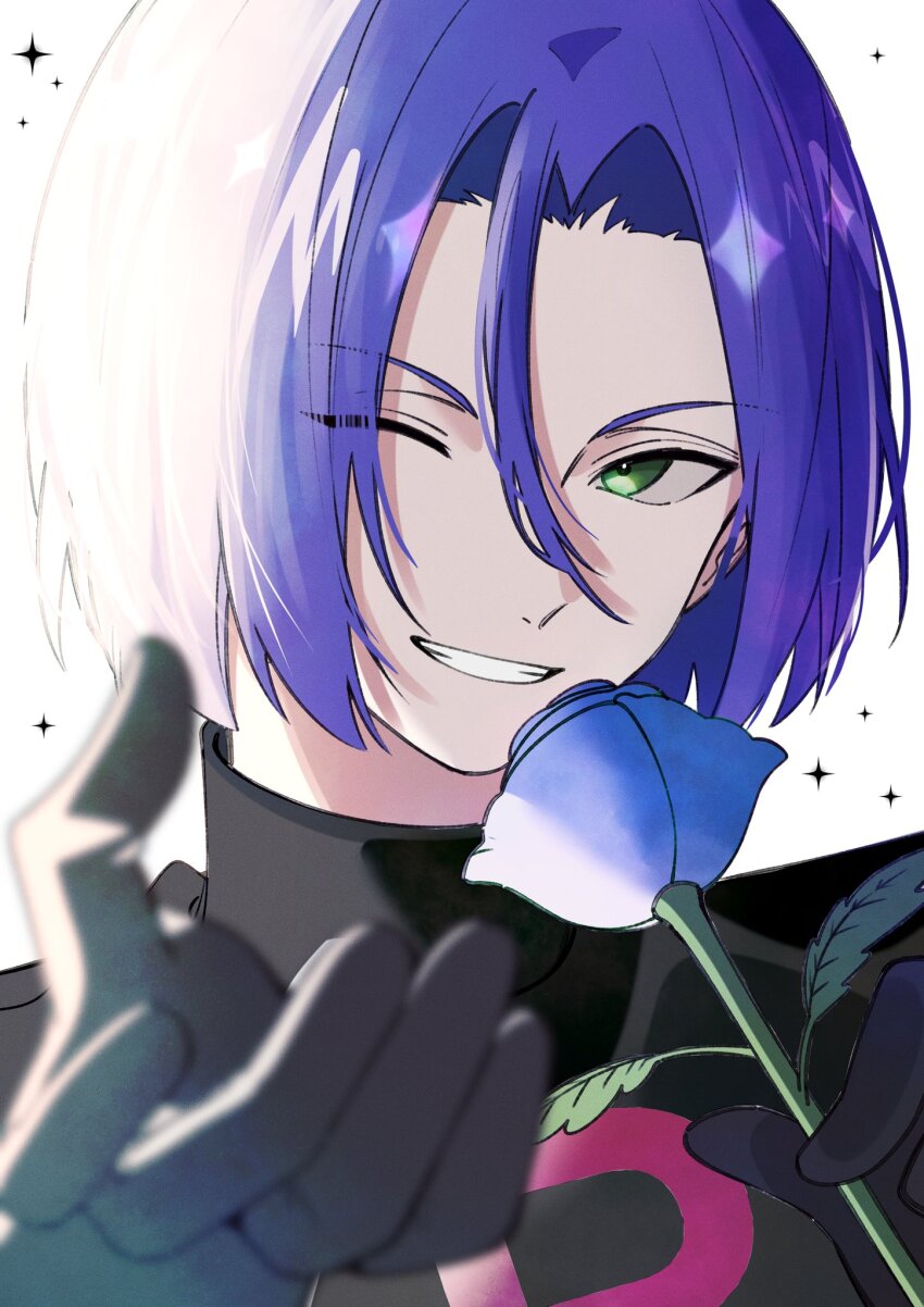 1boy black_gloves blue_flower blue_hair blurry creatures_(company) flower game_freak gloves green_eyes grin hair_between_eyes hands_up highres holding holding_flower jacket james_(pokemon) kana_(kanna_runa0620) logo looking_at_viewer male_focus nintendo one_eye_closed pokemon pokemon_(anime) pokemon_bw_(anime) short_hair smile solo sparkle team_rocket team_rocket_uniform teeth upper_body white_background