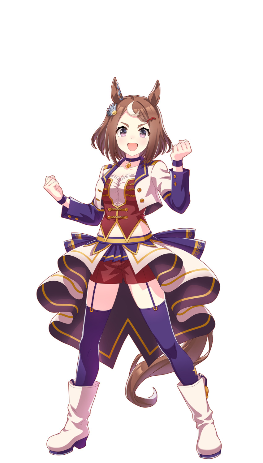 1girl animal_ears back_ribbon boots breasts brown_hair clenched_hands collarbone ear_ornament full_body hair_ornament hairclip highres horse_ears horse_girl horse_tail horseshoe_ornament jacket looking_at_viewer medium_breasts medium_hair midriff multicolored_hair navel official_art open_mouth purple_eyes purple_thighhighs red_shorts ribbon short_hair shorts simple_background smile solo standing star_(symbol) star_print starting_future_(umamusume) straight-on streaked_hair tail thigh_strap thighhighs thighs transparent_background tsurumaru_tsuyoshi_(umamusume) two-tone_hair umamusume white_boots white_hair white_jacket wristband