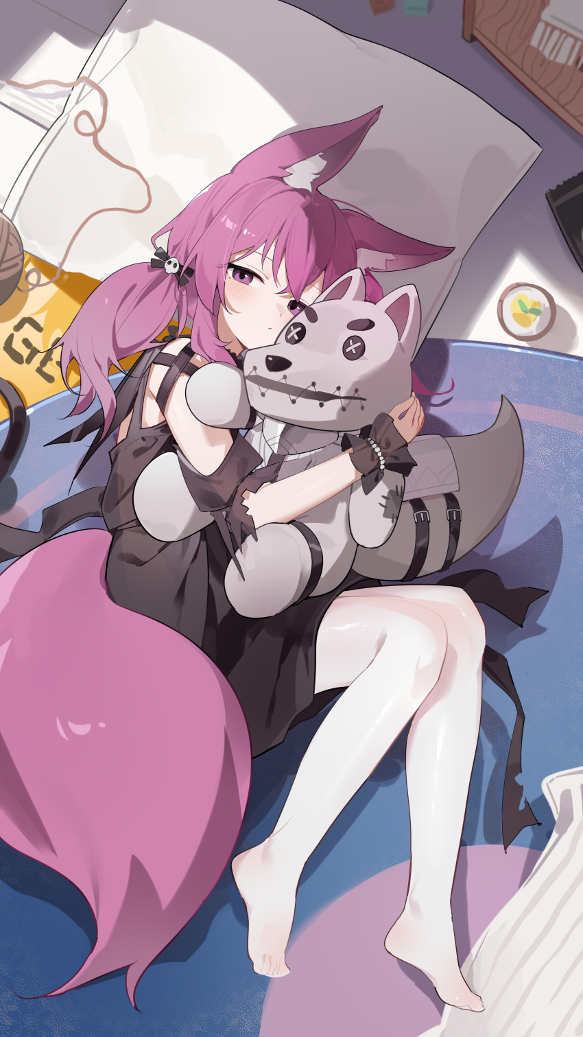 1girl absurdres animal_ear_fluff animal_ears arknights beads black_dress black_ribbon blush closed_mouth commentary dress english_commentary feet frills full_body hair_ornament hair_ribbon head_on_pillow highres hugging_object looking_at_viewer lying mixed-language_commentary no_shoes on_side pantyhose pillow pink_eyes pink_hair pink_tail ribbon shamare_(arknights) solo stuffed_animal stuffed_toy tail teketi white_pantyhose