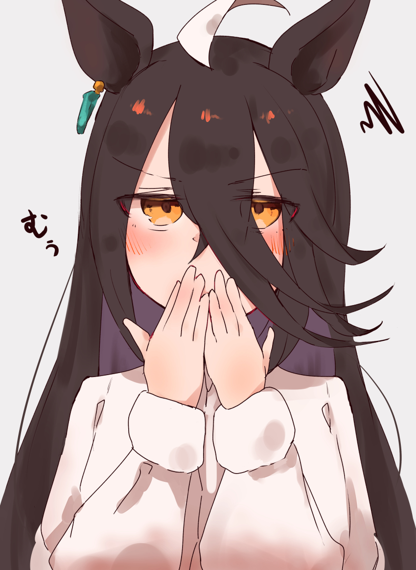 1girl absurdres ahoge animal_ears blush covering_own_mouth earrings english_text engrish_text furrowed_brow grey_background hair_between_eyes hands_up highres horse_ears horse_girl izi_dw jewelry long_bangs long_hair_between_eyes long_sleeves manhattan_cafe_(umamusume) multicolored_hair ranguage shirt simple_background single_earring solo squiggle translation_request umamusume white_hair white_shirt yellow_eyes