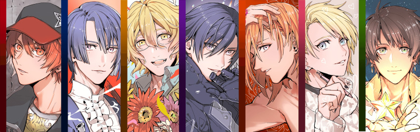 6+boys :d aijima_cecil baseball_cap black_gloves black_hair black_headwear black_jacket black_nails blonde_hair blue_eyes blue_hair blue_jacket blue_shirt brown_hair center_frills collared_shirt column_lineup crack cracked_wall crew_neck curtained_hair earrings falling_petals flower frills from_side gerbera glass_shards glasses gloves glowing green_eyes grey_eyes hair_between_eyes hand_on_own_head hand_tattoo hand_to_own_mouth hat heart highres hijirikawa_masato holding holding_pen holding_star ichinose_tokiya ittoki_otoya jacket jewelry jinguuji_ren kurusu_shou male_focus medium_hair mole mole_under_eye multiple_boys nail_polish open_mouth orange_hair parted_lips pen petals pink_flower print_shirt profile purple_eyes red_eyes red_flower red_hair shinomiya_natsuki_(uta_no_prince-sama) shirt short_hair smile smoke smoking_pipe star_(symbol) starish straight-on straight_hair stud_earrings sweater swept_bangs tattoo teeth tokuko0o0 topless_male uta_no_prince-sama wavy_hair white_flower white_shirt white_sweater yellow_eyes yellow_flower yellow_jacket
