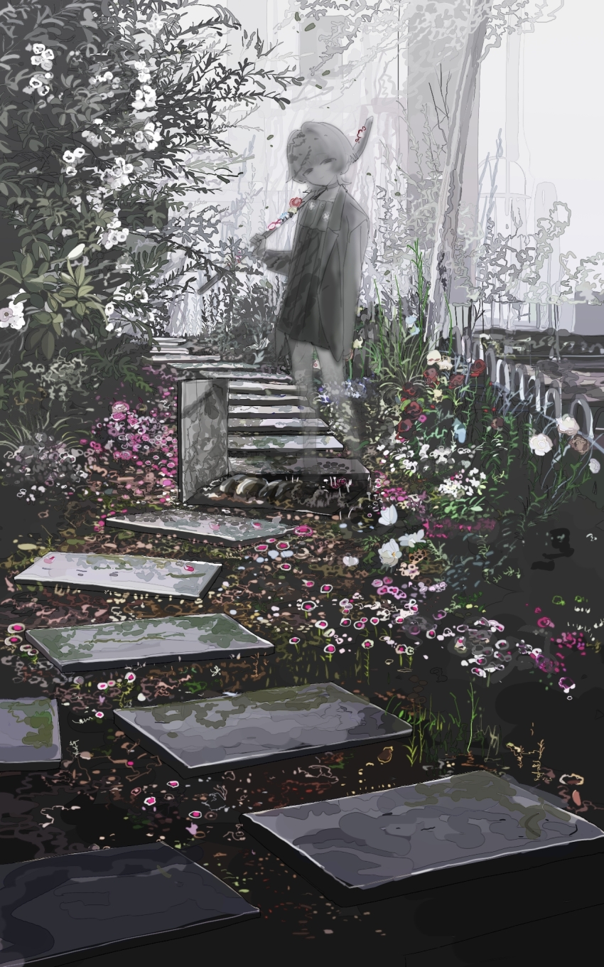 1girl flower ghost grave graveyard hen10 highres holding holding_weapon long_sleeves looking_at_viewer original outdoors plant short_hair solo weapon wide_shot