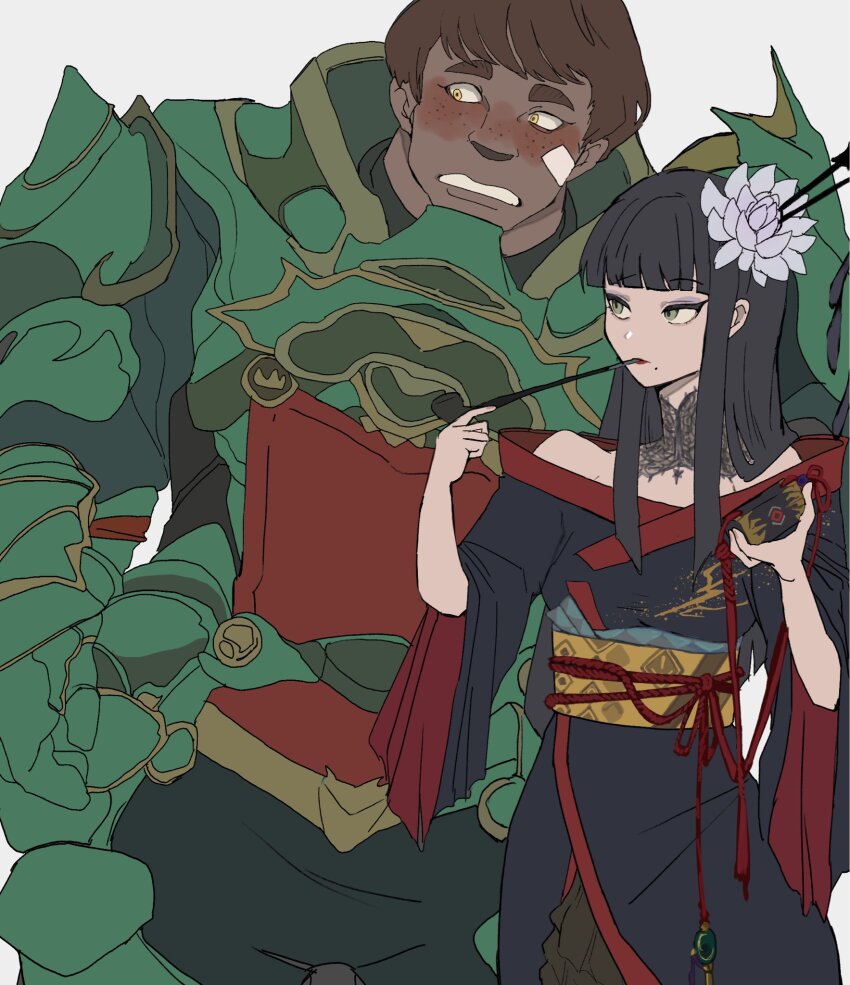 1boy 1girl armor bandaid bandaid_on_cheek bandaid_on_face black_collar black_hair black_kimono blunt_bangs blush breastplate brown_hair collar cowboy_shot expressionless final_fantasy final_fantasy_xiv flower freckles gauntlets glaa_da green_eyes grynewaht_pyr_arvina hair_flower hair_ornament hair_stick hands_up highres holding holding_smoking_pipe hyur inrou japanese_clothes kimono kiseru lace_collar long_hair looking_to_the_side mole mole_under_mouth obi obiage obijime pauldrons red_trim roegadyn sash short_hair shoulder_armor sidelocks sideways_glance simple_background smoking_pipe standing straight_hair two-sided_fabric white_background white_flower yellow_eyes yotsuyu_goe_brutus
