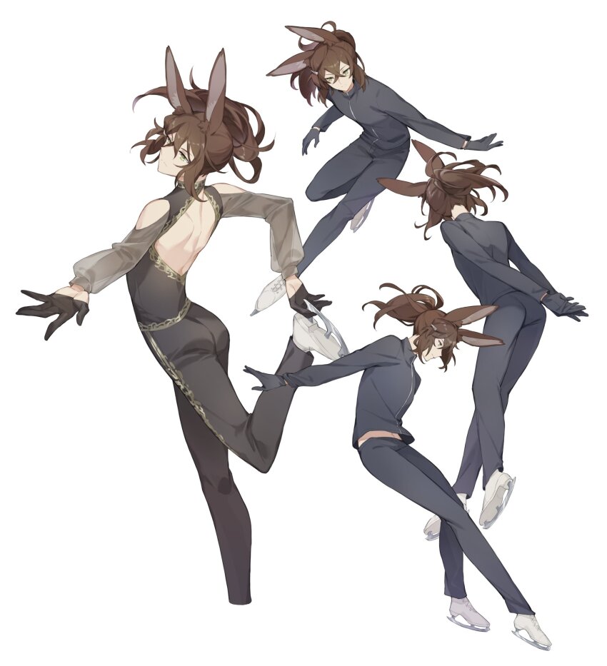 1boy alternate_costume animal_ear_fluff animal_ears black_gloves black_pants black_shirt brown_hair closed_mouth dragalia_lost dragalinuka gloves hair_between_eyes highres ice_skates long_hair long_sleeves male_focus multiple_views pants ponytail rabbit_ears shirt skates sylas_(dragalia_lost) white_background yellow_eyes