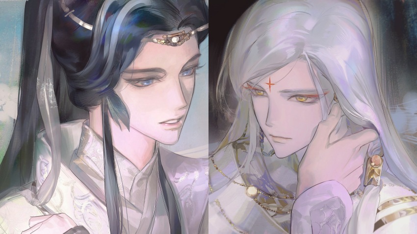 2boys absurdres black_hair blue_eyes blue_hair chinese_clothes circlet closed_mouth facial_mark hair_pulled_back hand_on_another&#039;s_cheek hand_on_another&#039;s_face hanfu highres huadian jinguang_budaixi long_hair long_sidelocks long_sleeves looking_at_another male_focus moranhuishouquandoushigou multicolored_hair multiple_boys parted_bangs parted_lips ponytail portrait qiao_rulai shi_yanwen side_part sidelocks streaked_hair teeth three_quarter_view white_hair white_hanfu white_sleeves yaoi yellow_eyes
