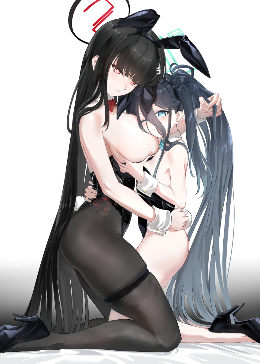 2girls absurdly_long_hair absurdres animal_ears aqua_halo aris_(blue_archive) black_hair black_halo black_leotard black_pantyhose blue_archive bow bowtie breasts bright_pupils detached_collar fake_animal_ears fake_tail grabbing_another&#039;s_breast groping hair_between_eyes hair_ornament hairclip hairpin halo hand_in_another&#039;s_hair hands_on_another&#039;s_hips haoma high_heels highleg highleg_leotard highres kneeling large_breasts leotard long_hair long_hair_between_eyes looking_at_viewer multiple_girls one_eye_closed one_side_up pantyhose playboy_bunny rabbit_ears rabbit_tail rectangular_halo red_eyes ringed_eyes rio_(blue_archive) side-tie_leotard strapless strapless_leotard tail thigh_strap traditional_bowtie undersized_breast_cup very_long_hair white_pupils white_wrist_cuffs wrist_cuffs