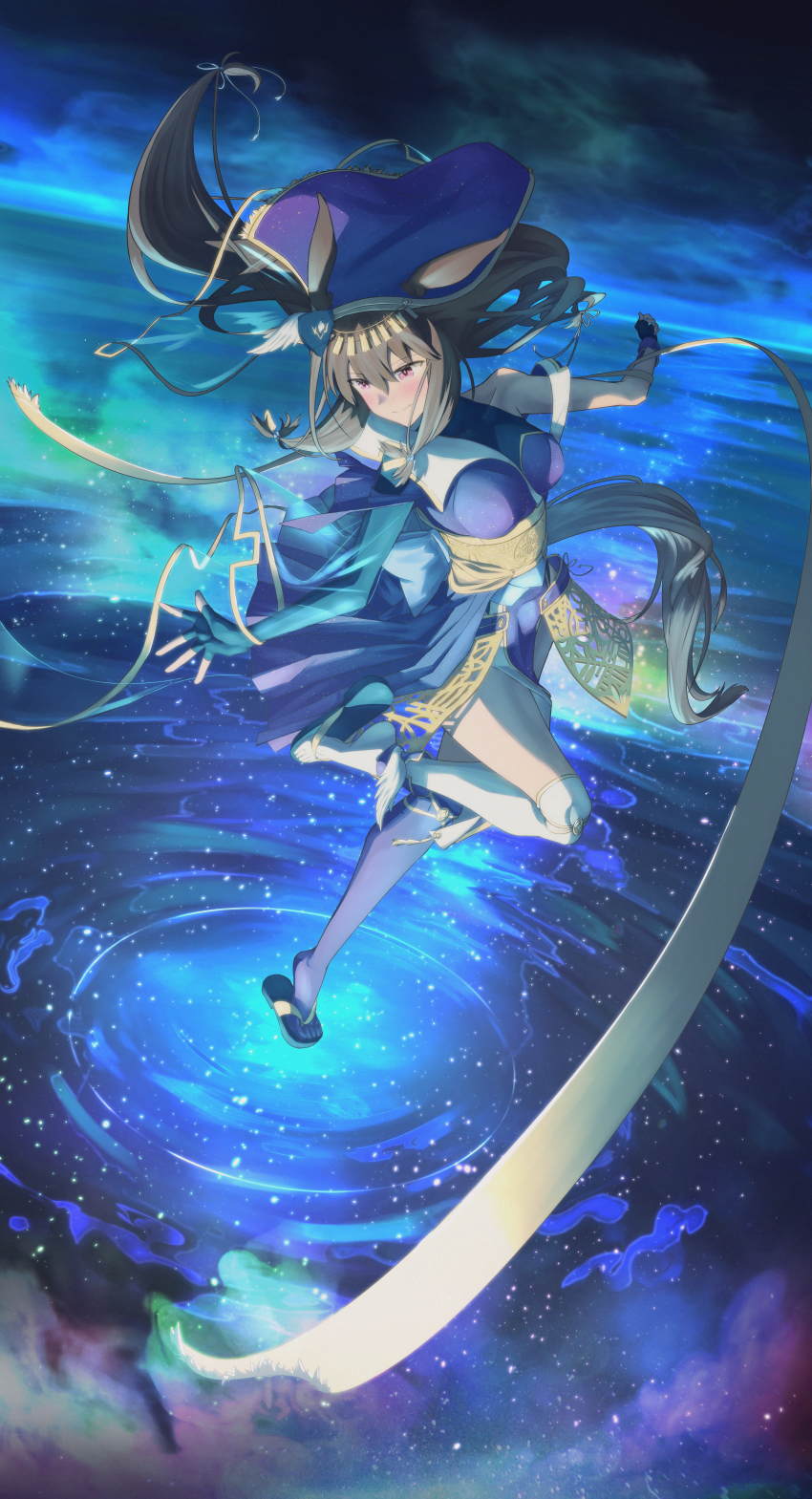 1girl absurdres admire_vega_(umamusume) alternate_costume animal_ears asymmetrical_clothes asymmetrical_legwear black_thighhighs brown_hair commentary_request cosplay hagoromo hair_ornament hair_ribbon highres horse_ears horse_girl horse_tail mismatched_legwear nagise_rysta name_connection orihime_(cosplay) orihime_(tanabata) partial_commentary purple_eyes ribbon sandals sash shawl sidelocks solo star_(symbol) star_print tail tanabata the_weaver_girl_and_the_cowherd thighhighs tress_ribbon umamusume white_thighhighs