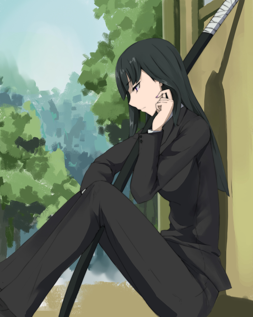 1girl absurdres black_hair black_suit darker_than_black day female_focus formal_clothes from_side hazuki_mina_(darker_than_black) highres katana laserflip long_hair nail_polish necktie outdoors pant_suit pants profile purple_eyes purple_nails sitting solo suit sword weapon