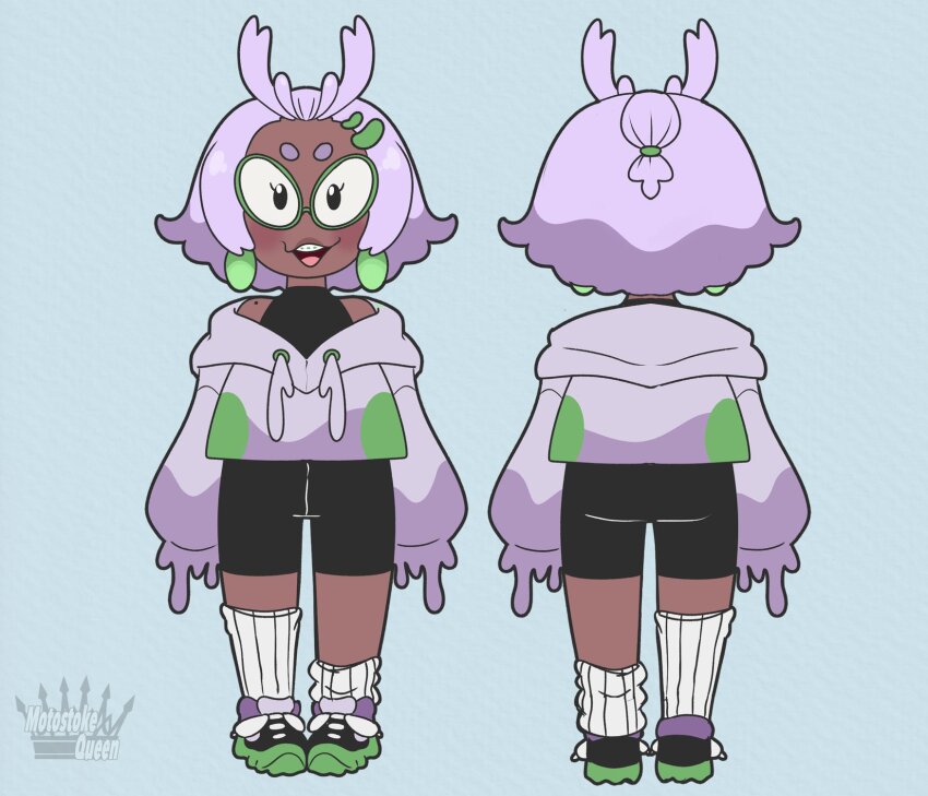 1girl antenna_hair bare_shoulders black_footwear black_unitard braces chibi chibi_only crop_top dark-skinned_female dark_skin earrings full_body gen_6_pokemon glasses goomy green-framed_eyewear hair_ornament hairclip highres jewelry light_blush mole mole_on_shoulder motostokequeen multicolored_hair multiple_views nintendo off-shoulder_shirt off_shoulder personification pokemon purple_hair purple_shirt ribbed_socks shirt short_eyebrows short_hair simple_background single_loose_sock smile socks solid_oval_eyes standing two-tone_hair two-tone_shirt unitard white_socks