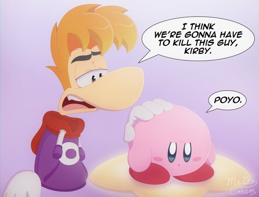 2boys artist_name big_nose blonde_hair blue_eyes blush_stickers brown_eyes colored_skin comforting disappointed disembodied_hand english_text fang gloves hand_on_another&#039;s_head headpat highres hood hoodie i_think_we&#039;re_gonna_have_to_kill_this_guy_steven_(meme) kirby kirby_(series) looking_down meme ms_ice_cream multiple_boys nintendo open_mouth pink_skin purple_background purple_hoodie rayman rayman_(series) rayman_limbs red_footwear red_hood shoes signature speech_bubble teeth upper_teeth_only v-shaped_eyebrows warp_star white_gloves