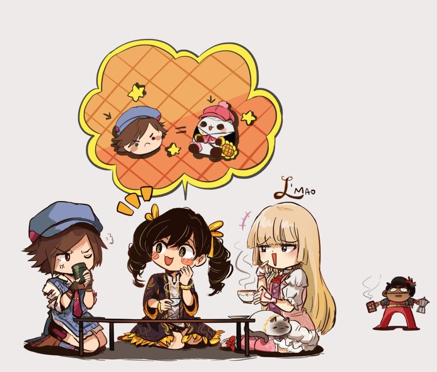 4girls azucena_milagros_ortiz_castillo blonde_hair brown_hair cat chibi coffee dark-skinned_female dark_skin dress emilie_de_rochefort highres kazama_asuka ling_xiaoyu mamegatana multiple_girls no_neck panda panda_(tekken) peruvian_female salt_(tekken) tea tekken tekken_8