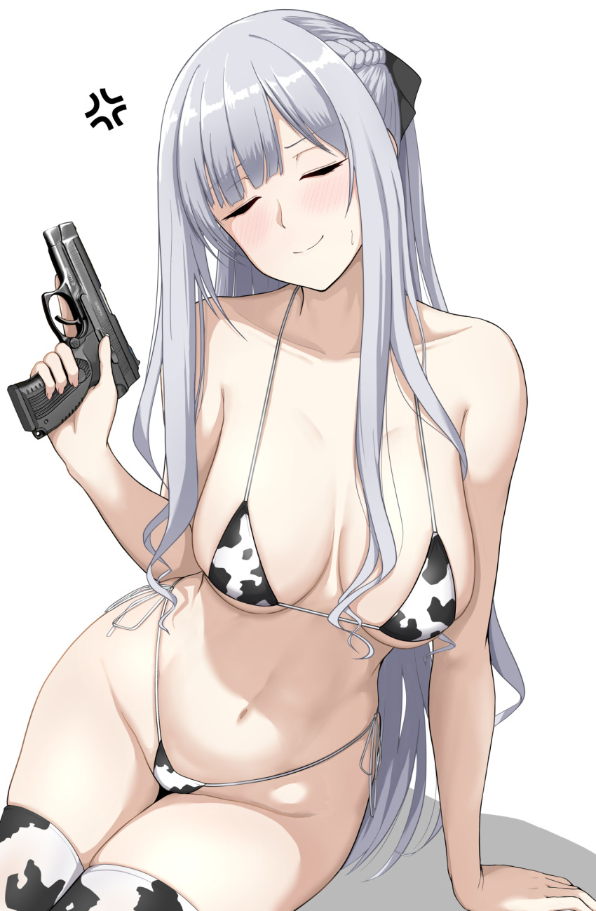 1girl ak-12_(girls&#039;_frontline) anger_vein animal_print arm_support bikini black_ribbon blush braid breasts breasts_apart closed_eyes closed_mouth collarbone commentary commentary_request cow_print cow_print_bikini cow_print_thighhighs facing_viewer girls&#039;_frontline grey_hair gun hair_ribbon half_up_braid hand_up handgun highres holding holding_gun holding_weapon long_hair micro_bikini mp-443_grach multicolored_bikini navel print_bikini print_thighhighs ribbon side-tie_bikini_bottom sidelocks simple_background sitting smile stomach string_bikini sumi_ojie sweatdrop swimsuit thighhighs trigger_discipline two-tone_bikini two-tone_thighhighs weapon white_background