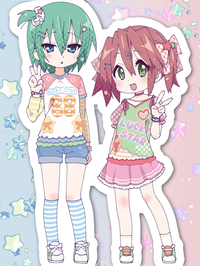 2girls ben-day_dots blue_eyes blush bow bracelet character_cutout converse denim denim_shorts expressionless footwear_bow gingham_bow green_eyes green_hair green_star hair_ornament happy heart heart_bracelet heart_hair_ornament heisei_retro highres iwasaki_minami jewelry juliet_sleeves kobayakawa_yutaka long_sleeves lucky_star multiple_girls number_print pink_hair puffy_sleeves raglan_sleeves red_bow red_hair red_ribbon ribbon screentones shoes short_twintails shorts side_ponytail socks star_(symbol) star_bracelet star_hair_ornament star_symbol_background striped_clothes striped_sleeves striped_socks tanpaku_(oqu_2) twintails v x yellow_star