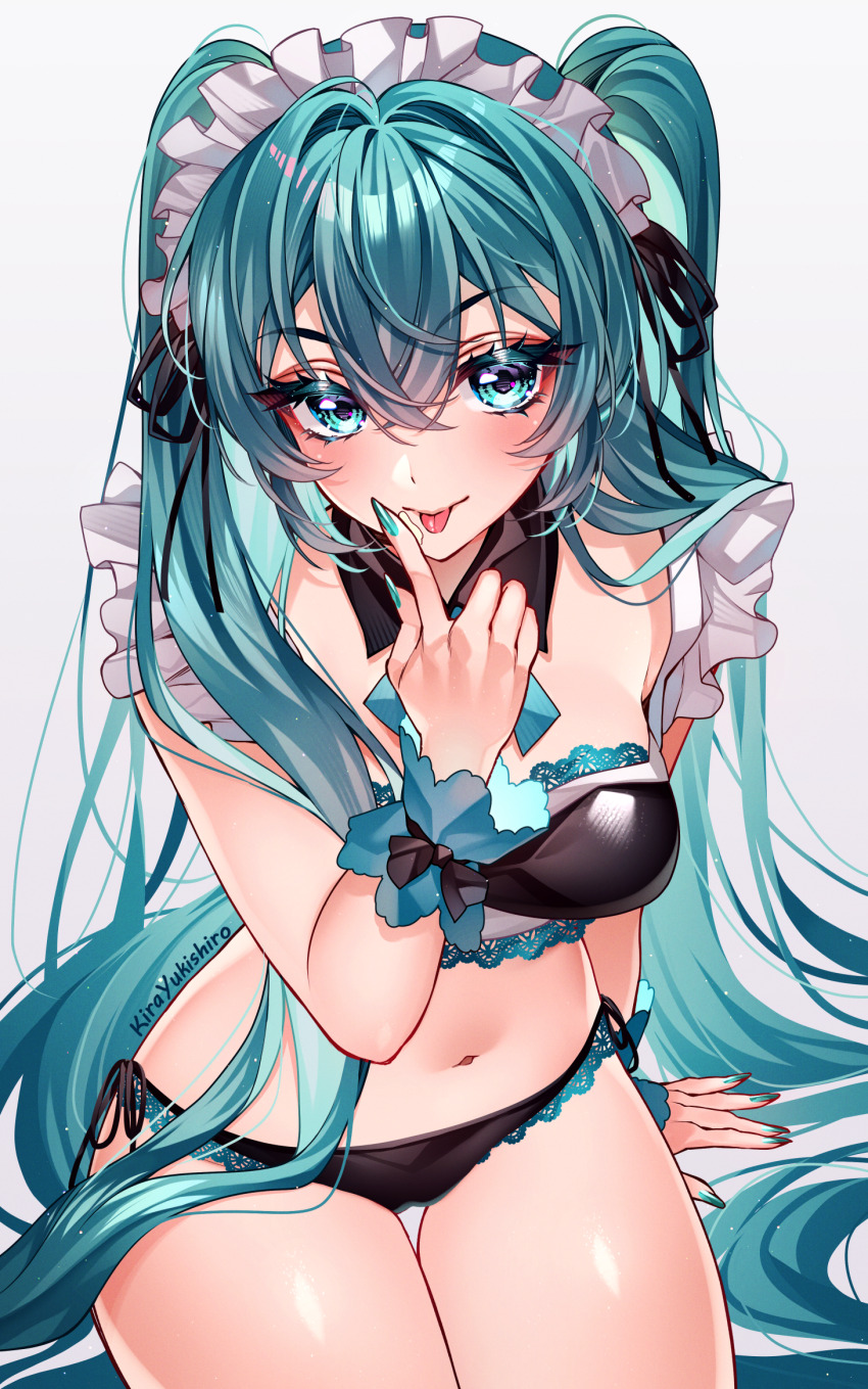 1girl aqua_bow aqua_bowtie aqua_eyes aqua_hair aqua_nails arm_support artist_name bikini black_bikini bow bowtie commentary crossed_bangs detached_collar double-parted_bangs eyelashes fingernails food food_on_face frilled_wrist_cuffs frills from_above hair_ribbon hatsune_miku highres index_finger_raised kira_yukishiro lace lace-trimmed_bikini lace_trim light_blush long_hair looking_at_viewer maid maid_bikini maid_headdress navel ribbon sharp_fingernails side-tie_bikini_bottom simple_background sitting solo stomach swimsuit thigh_gap thighs tongue tongue_out twintails unconventional_maid very_long_hair vocaloid white_background wrist_cuffs