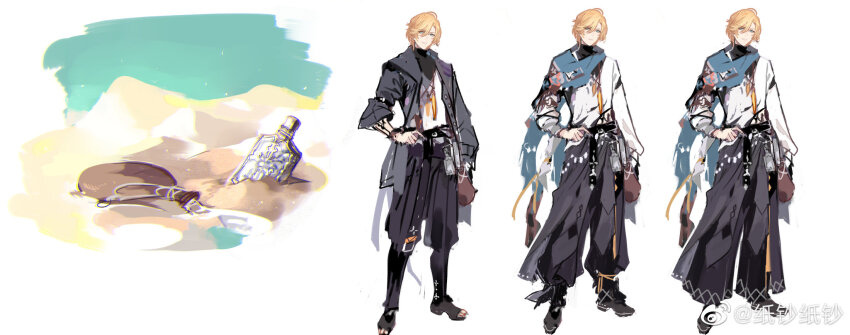 1boy aqua_eyes arm_at_side arm_tattoo belt belt_pouch black_belt black_footwear black_jacket black_pants black_sash black_undershirt blonde_hair blue_cloak boots cloak day desert feather_necklace full_body hair_between_eyes hand_on_own_hip highres hip_flask jacket jewelry lars_rorschach lars_rorschach_(eden) long_sleeves looking_at_viewer lovebrush_chronicles male_focus midriff_peek multiple_views necklace nevakuma_(fanfanas) official_art pants parted_lips pendant pouch puffy_pants reference_sheet sand sash shirt short_hair sketch standing swept_bangs tattoo toeless_footwear torn_clothes torn_shirt turtleneck variations watermark weibo_watermark white_background white_shirt