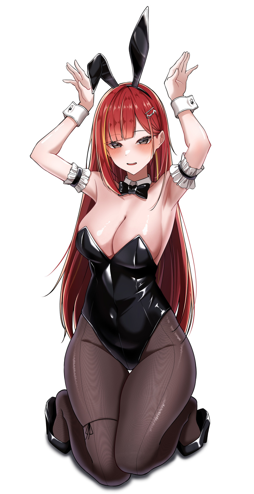 1girl absurdres akane_lize animal_ear_hairband animal_ears black_bow black_bowtie black_leotard bow bowtie breasts cleavage detached_collar fake_animal_ears full_body gradient_hair hair_ornament hairband hairclip highres hyun_(kzze3232) kneeling large_breasts leotard long_hair multicolored_hair pantyhose playboy_bunny purple_eyes rabbit_ears rabbit_pose red_hair solo stellive strapless strapless_leotard virtual_youtuber white_background wrist_cuffs