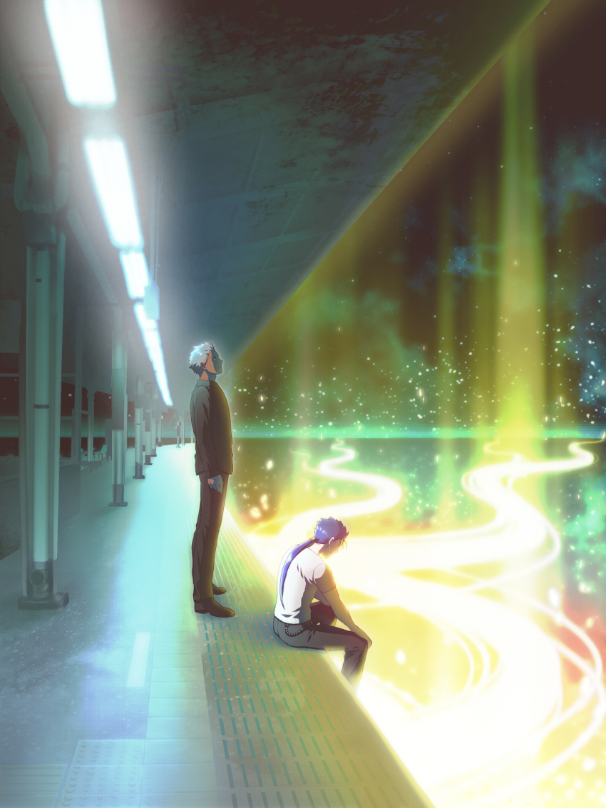 2boys archer_(casual_wear)_(fate) archer_(fate) blue_hair casual cu_chulainn_(casual_wear)_(fate) cu_chulainn_(fate) cu_chulainn_(fate/stay_night) dark-skinned_male dark_skin fate/hollow_ataraxia fate/stay_night fate_(series) highres long_hair miso_(ddd_3so) multiple_boys white_hair
