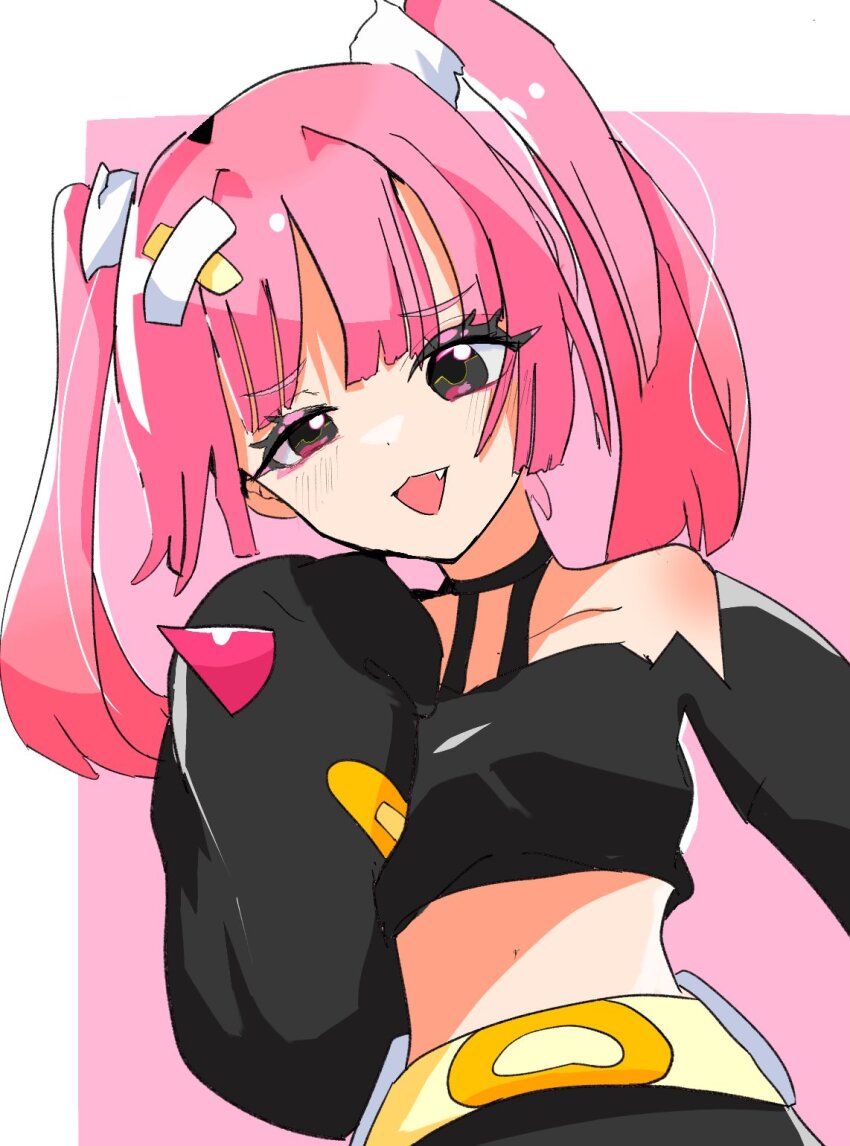 1girl :d bandaid bandaid_hair_ornament black_eyes black_shirt blunt_bangs coral_(pokemon) cropped_shirt eyelashes fang hair_ornament half-closed_eye highres long_sleeves midriff nintendo open_mouth pink_background pink_hair piyo_(toripoke710) pokemon pokemon_(anime) pokemon_horizons shirt sleeves_past_fingers sleeves_past_wrists smile solo twintails upper_body