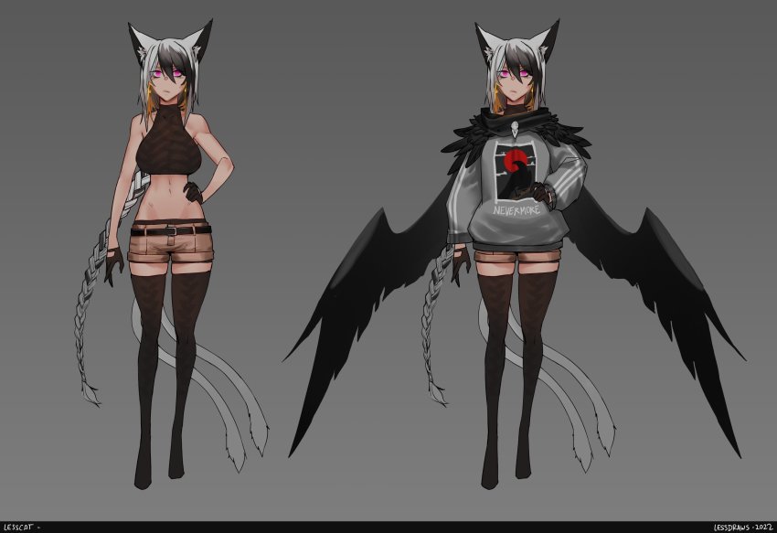 1girl :/ absurdres animal_ear_fluff animal_ears bare_arms bare_shoulders beige_shorts belt black_belt black_gloves black_hair black_thighhighs black_wings blonde_hair braid cat_ears cat_tail clothes_writing commentary english_commentary full_body gloves grey_background grey_hair grey_jacket hair_between_eyes halterneck hands_on_own_hips highres jacket less long_braid long_hair long_sleeves midriff multicolored_hair multiple_tails multiple_views no_shoes original pink_eyes shorts simple_background tail the_raven thighhighs two_tails very_long_hair wings