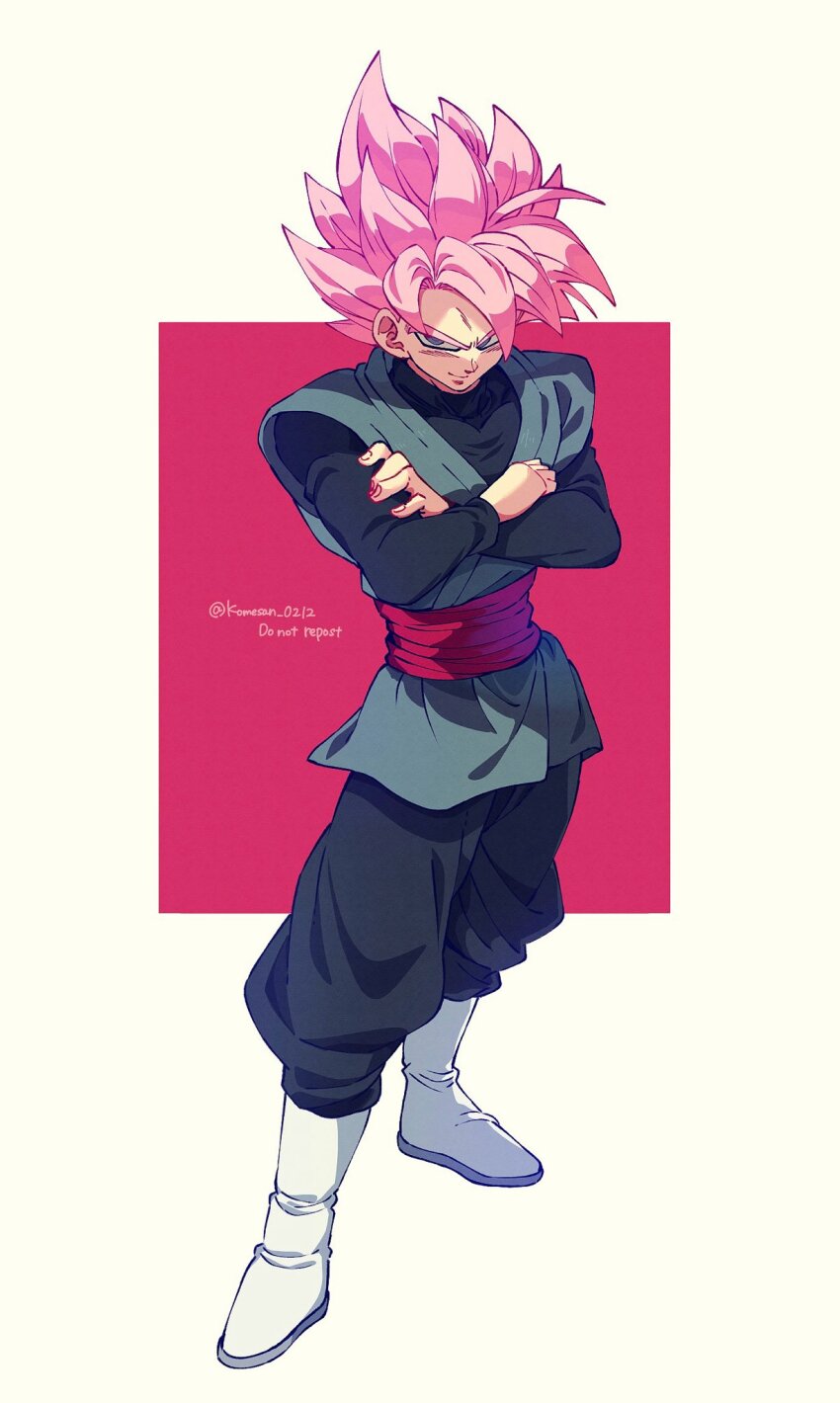 1boy black_pants black_shirt boots crossed_arms dragon_ball dragon_ball_super full_body goku_black grey_eyes grey_tunic highres komesan_0212 male_focus medium_hair pants pink_hair red_sash sash shirt simple_background solo spiked_hair super_saiyan super_saiyan_rose tunic white_background white_boots
