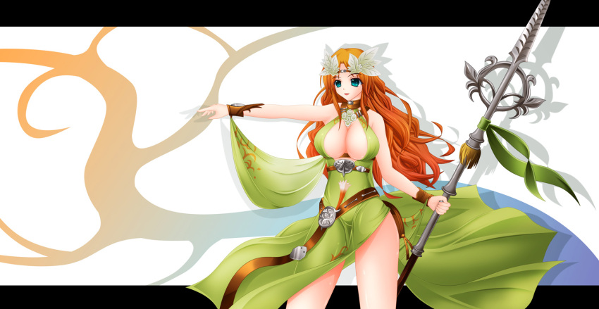 1girl :d bad_id bare_shoulders belt blue_eyes breasts brown_belt circlet cleavage dress drop_shadow final_fantasy final_fantasy_xiv green_dress holding holding_polearm holding_weapon large_breasts legs_apart long_hair nophica open_mouth orange_hair polearm side_slit sima_(yggdrasil) sleeveless sleeveless_dress smile solo standing weapon