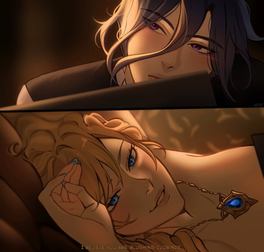 2girls blonde_hair blue_eyes blue_nails blush clorinde_(genshin_impact) commentary english_commentary english_text genshin_impact hair_between_eyes highres indoors jewelry lying multiple_girls navia_(genshin_impact) on_side painting_(action) parody purple_eyes smile titanic_(movie) upper_body wiistef yuri