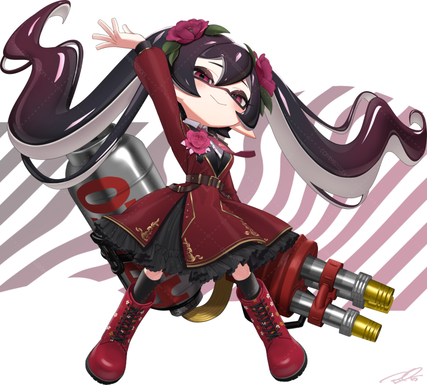 1girl :&gt; arm_up black_hair black_thighhighs boots bow bowtie closed_mouth collared_dress commentary commission dress dress_flower floating_hair flower full_body gradient_hair hair_between_eyes hair_flower hair_ornament highres holding holding_weapon hydra_splatling_(splatoon) inkling inkling_girl inkling_player_character knee_boots long_hair long_sleeves looking_at_viewer multicolored_hair nintendo pink_bow pink_bowtie pink_flower pointy_ears puchiman red_boots red_dress red_eyes red_hair signature smile solo splatoon_(series) standing symbol-only_commentary tentacle_hair thighhighs twintails very_long_hair watermark watermark_grid weapon