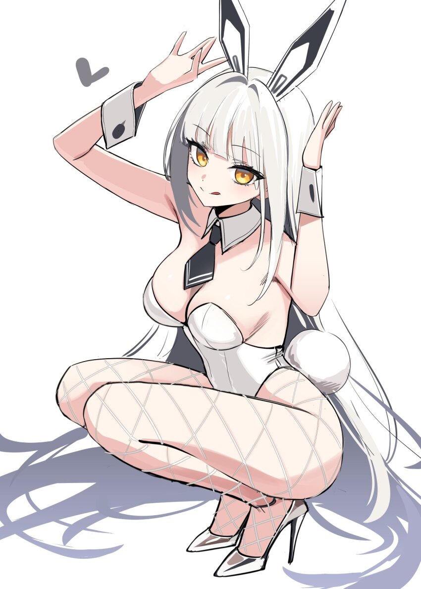 1girl :q animal_ears arms_up ascot backless_leotard bare_shoulders black_ascot blanc_(nikke) breasts cleavage commentary deadnooodles detached_collar fake_animal_ears fake_tail fishnet_pantyhose fishnets goddess_of_victory:_nikke high_heels highleg highleg_leotard highres large_breasts leotard long_hair looking_at_viewer pantyhose playboy_bunny rabbit_ears rabbit_pose rabbit_tail simple_background smile solo squatting strapless strapless_leotard tail thighs tongue tongue_out very_long_hair white_background white_hair white_leotard white_wrist_cuffs wrist_cuffs