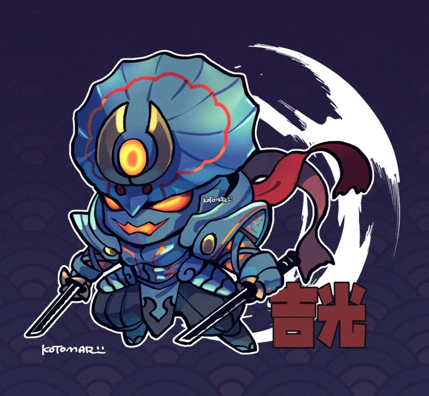 1boy armor chibi chibi_only dual_wielding full_armor full_body holding holding_sword holding_weapon kotorai looking_ahead male_focus multiple_swords open_mouth orange_eyes purple_background signature solo sword tekken tekken_8 weapon yoshimitsu_(namco)