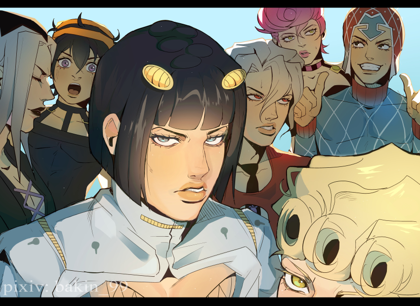 1girl 6+boys absurdres argyle_clothes argyle_hat argyle_sweater bakinico black_eyes black_hair black_lips blonde_hair blunt_bangs bob_cut bruno_bucciarati choker clothing_cutout giorno_giovanna green_eyes grey_hair guido_mista hair_ornament hairband hairclip hat highres jojo_no_kimyou_na_bouken leone_abbacchio lipstick long_hair makeup male_focus multiple_boys narancia_ghirga necktie open_mouth pannacotta_fugo pectoral_cleavage pectorals pink_hair plunging_neckline pompadour purple_eyes short_hair smile sweater trish_una turtleneck vento_aureo victory_rolls white_hair zipper