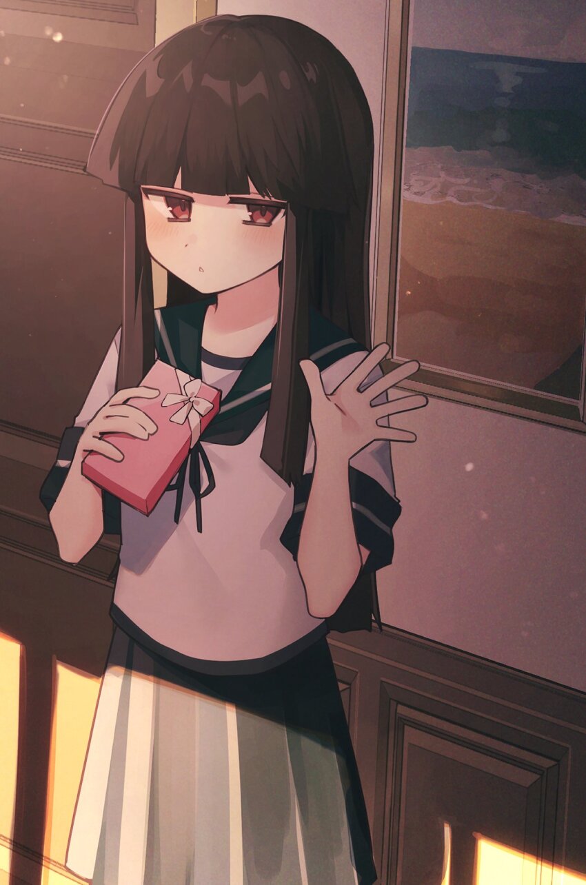 1girl black_hair blunt_bangs blush box box_of_chocolates commentary hand_up hatsuyuki_(kancolle) highres holding holding_box indoors kantai_collection light_particles long_hair looking_at_viewer neck_ribbon painting_(object) parted_lips picture_frame red_eyes ribbon sailor_collar school_uniform shirt short_sleeves solo sunset tsumikitsuki_(katsuobushi) upper_body valentine waving white_shirt