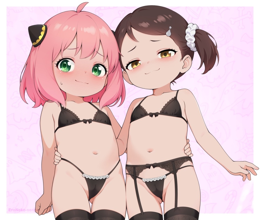 2girls ahoge anya_(spy_x_family) becky_blackbell black_bra black_panties black_thighhighs blush bow bow_bra bow_panties bra brown_eyes brown_hair cameltoe closed_mouth eroneko_senpai flat_chest garter_belt gluteal_fold green_eyes hair_ornament hair_scrunchie hairclip hairpods highleg highleg_panties lingerie loli looking_at_viewer medium_hair multiple_girls navel panties pink_hair scrunchie short_hair smile spy_x_family thighhighs twintails underwear yellow_eyes