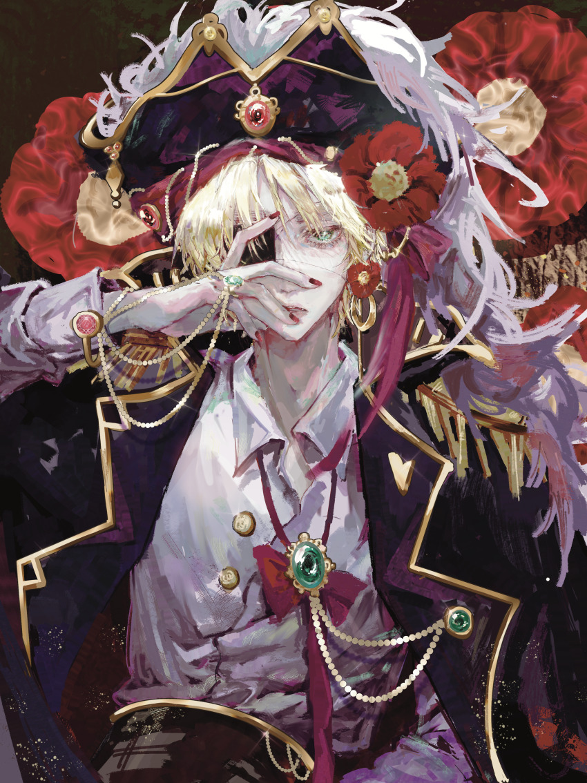 1boy absurdres axis_powers_hetalia bicorne black_coat blonde_hair brooch chain coat coat_on_shoulders collared_shirt eyepatch feiyuzi074 flower gold_chain green_eyes hand_on_own_face hat highres jewelry looking_at_viewer male_focus pirate red_flower ribbon shirt short_hair solo united_kingdom_(hetalia) upper_body white_shirt