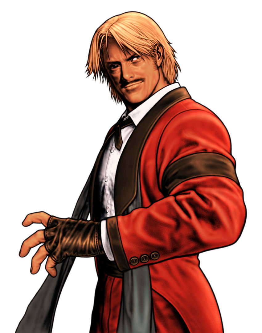 1boy adjusting_clothes adjusting_gloves armband black_armband blonde_hair capcom_vs_snk capcom_vs_snk_2 facial_hair fingerless_gloves from_side game_cg gloves highres looking_to_the_side male_focus missing_eye mori_toshiaki muscular mustache non-web_source official_art one-eyed pants red_eyes red_pants rugal_bernstein shirt snk solo standing the_king_of_fighters