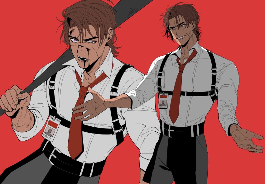 1boy 2boys baseball_bat belt black_belt black_blood black_pants blood brown_hair chest_harness collared_shirt commentary dark-skinned_male dark_skin english_commentary grin harness heathcliff_(project_moon) highres holding holding_baseball_bat limbus_company long_sleeves male_focus multiple_boys necktie open_mouth pants project_moon purple_eyes red_background red_necktie scar scar_on_arm scar_on_face shirt short_hair simple_background smile twendytwo white_shirt