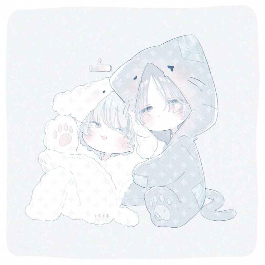 2boys animal_costume animal_hands battery blush border cat_costume closed_mouth eyelashes full_body highres hood hood_up looking_at_viewer male_focus monochrome multiple_boys open_mouth original pajamas parted_bangs rabbit_costume short_hair simple_background sitting square thk_41