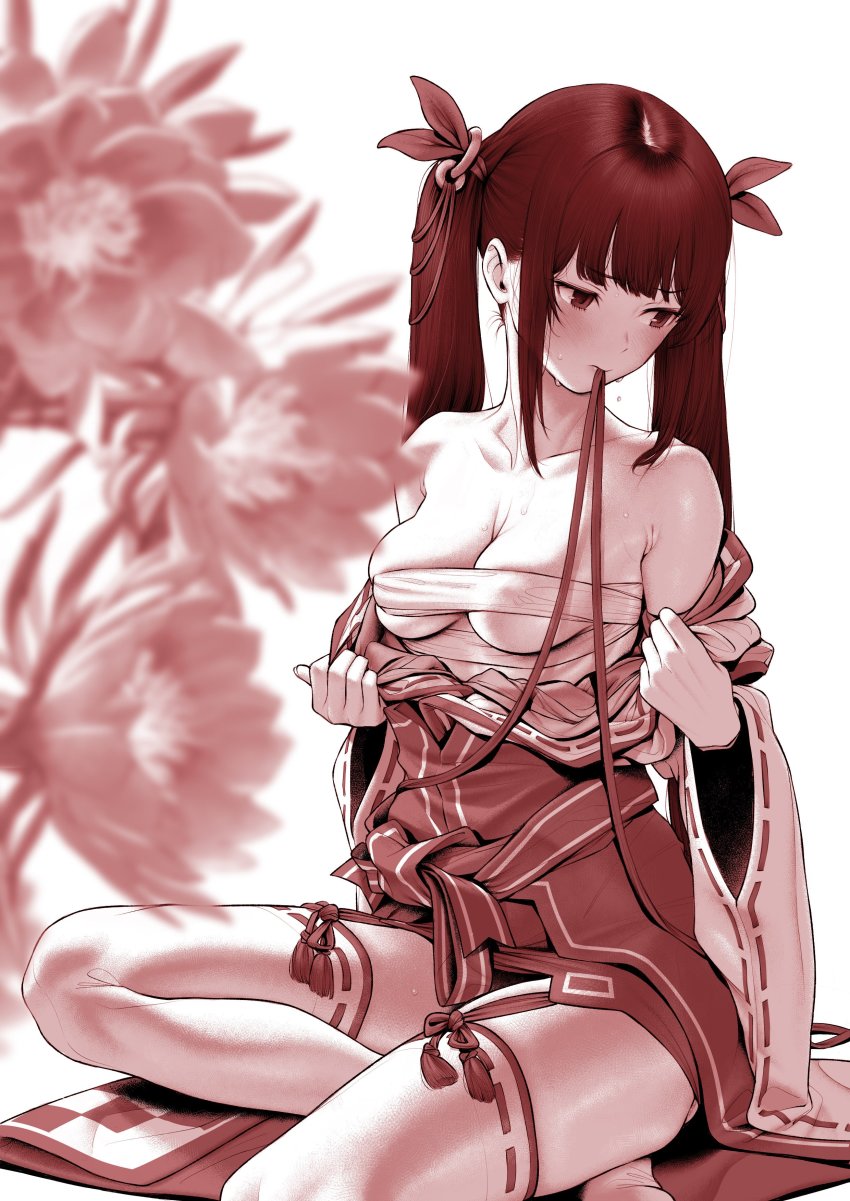 10s absurdres bad_id bad_twitter_id conception:_ore_no_kodomo_wo_undekure! highres japanese_clothes miko ruka_(conception) sitting thighhighs twintails white_legwear xxzero