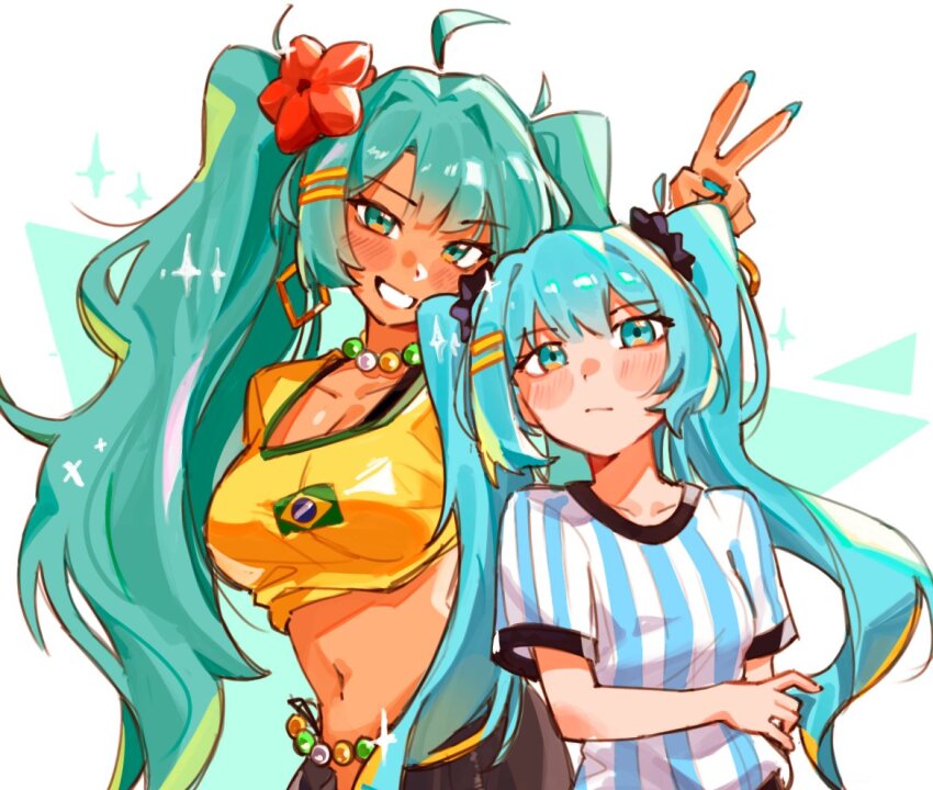 2girls aqua_hair argentina argentinian_flag argentinian_flag_print argentinian_miku blush brazil brazilian_flag brazilian_flag_print brazilian_miku breasts commentary dark-skinned_female dark_skin dual_persona earrings english_commentary flag_print flower hair_flower hair_ornament hatsune_miku jewelry kazuont large_breasts long_hair multiple_girls open_mouth shirt smile tan tanline_peek twintails vocaloid worldwide_miku yellow_shirt