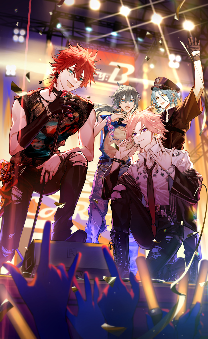 &gt;:) 4boys :d \n/ absurdres adjusting_headset amagi_rinne aqua_eyes audience badge belt belt_buckle black_belt black_choker black_gloves black_hat black_necktie black_pants black_shirt blue_eyes blue_hair blue_shirt boots bracelet buckle chain_belt choker closed_mouth collared_shirt confetti crazy_b_(ensemble_stars!) denim earrings ensemble_stars! gloves glowstick gradient_necktie grey_hair hair_between_eyes harness hat headset highres himeru_(ensemble_stars!) holding holding_microphone holding_microphone_stand idol jacket jeans jewelry lace-up_boots long_hair long_sleeves looking_at_viewer male_focus microphone microphone_stand mullet multiple_boys multiple_rings necklace necktie off_shoulder on_one_knee open_clothes open_hand open_jacket open_mouth oukawa_kohaku pants peaked_cap pink_hair pinky_ring print_shirt purple_eyes qinnye red_hair red_necktie ring sash shiina_niki shirt short_hair short_sleeves single_glove sleeveless sleeveless_shirt smile speaker stage stage_lights standing stepping torn_clothes torn_jeans torn_pants two-tone_shirt v-shaped_eyebrows white_shirt yellow_eyes yellow_shirt