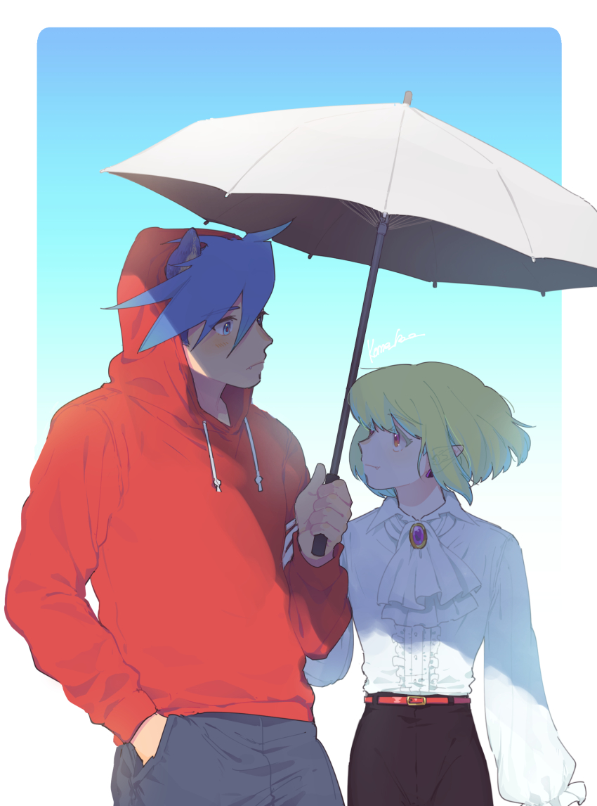 2boys absurdres animal_ears arm_up artist_name ascot belt belt_buckle black_pants blue_eyes blue_hair blue_pants blue_sky blush buckle closed_mouth colored_eyelashes commentary_request drawstring eye_contact fangs frilled_shirt frills galo_thymos green_hair hand_in_pocket highres holding holding_umbrella hood hood_up hoodie kome_1022 light_smile lio_fotia long_sleeves looking_at_another male_focus multiple_boys outdoors pants pocket pointy_ears promare red_belt red_hoodie shirt shirt_tucked_in sky sleeve_cuffs standing umbrella vampire werewolf white_ascot white_shirt white_umbrella