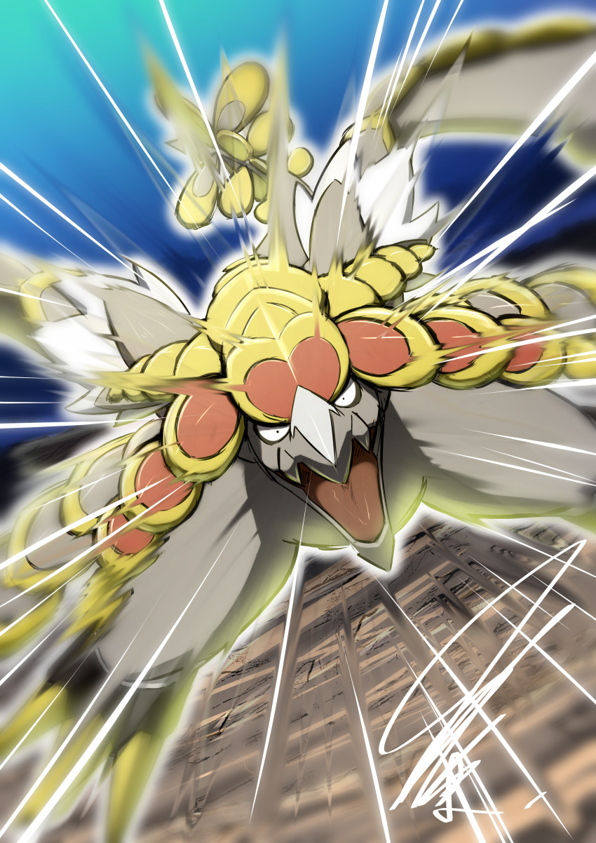 absurdres angry aura beak black_eyes blue_sky colored_skin constricted_pupils crest dragon dynamic_pose from_below game_freak gen_7_pokemon glowing grey_skin highres kommo-o looking_at_viewer mitsukuma448 motion_blur motion_lines nintendo no_humans open_mouth pokemon pokemon_(creature) scales signature sky solo speed_lines tongue yellow_aura yellow_scales