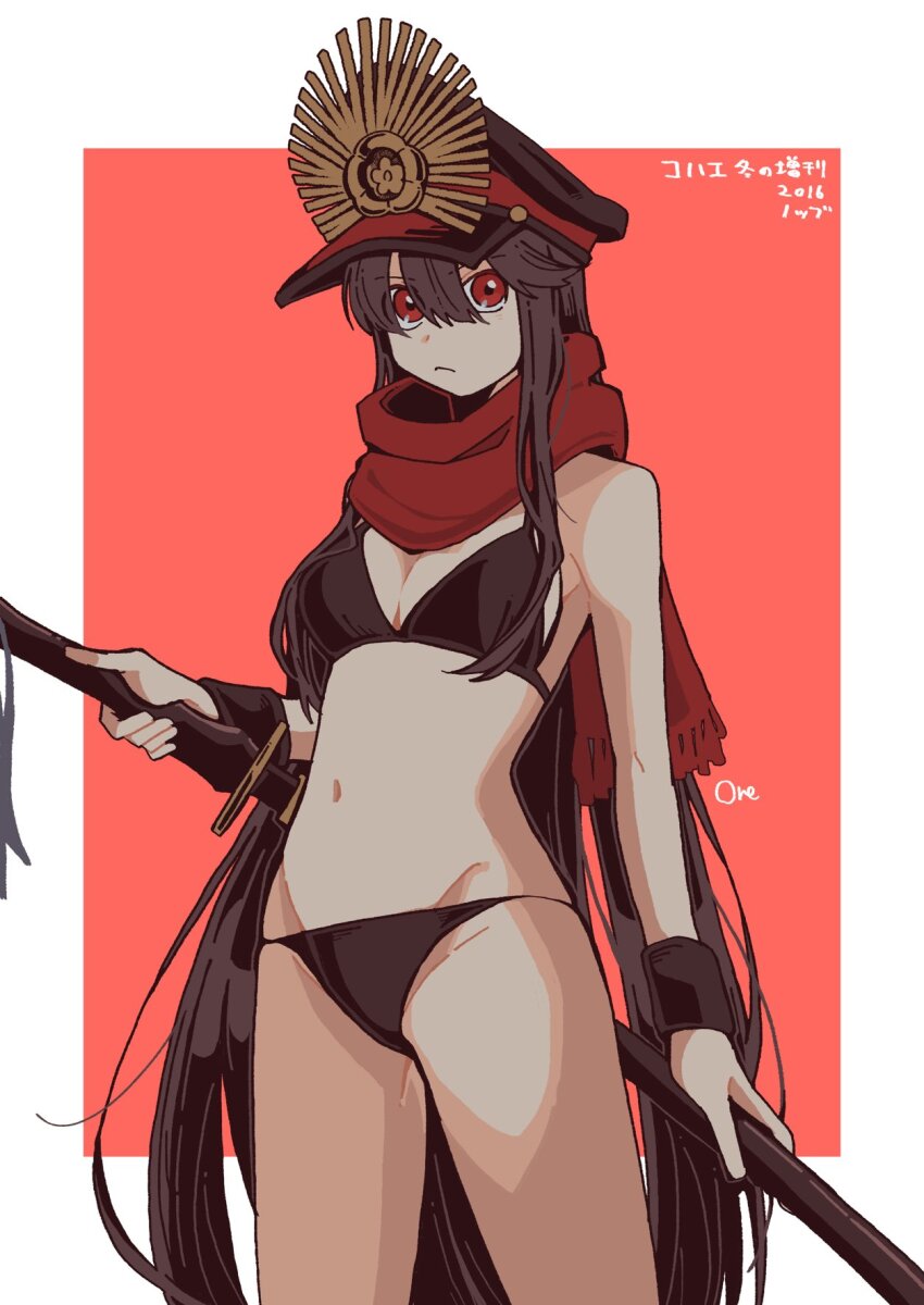 1girl armband artist_name bikini black_bikini black_hair breasts crest dated family_crest fate/grand_order fate_(series) goma1021 hair_between_eyes hat highres holding holding_sword holding_weapon long_hair oda_nobunaga_(fate) oda_uri peaked_cap red_background red_eyes red_scarf scabbard scar scarf sheath sheathed solo swimsuit sword two-tone_background very_long_hair weapon white_background