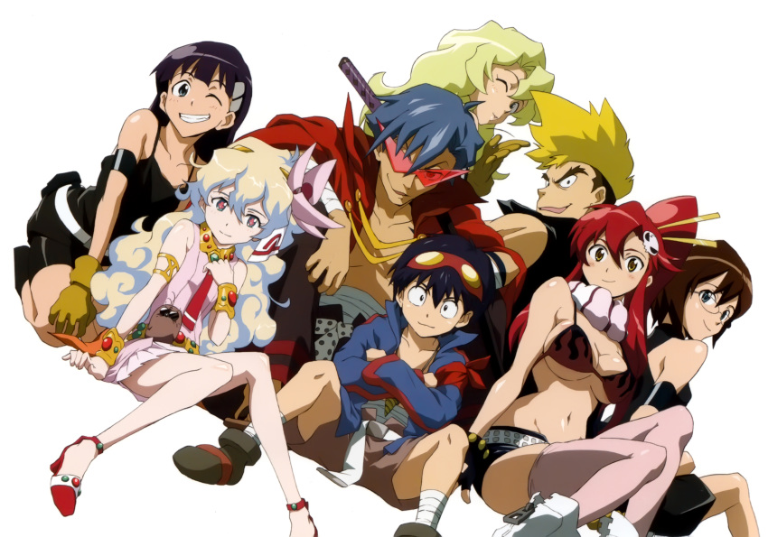 00s 3boys 5girls absurdres bikini bikini_top_only breasts cleavage high_heels highres kamina_(ttgl) kinon_bachika kittan_bachika kiyal_bachika kiyoh_bachika multiple_boys multiple_girls nia_teppelin official_art shinagawa_hiroki simon_(ttgl) swimsuit tengen_toppa_gurren_lagann thighhighs yoko_littner