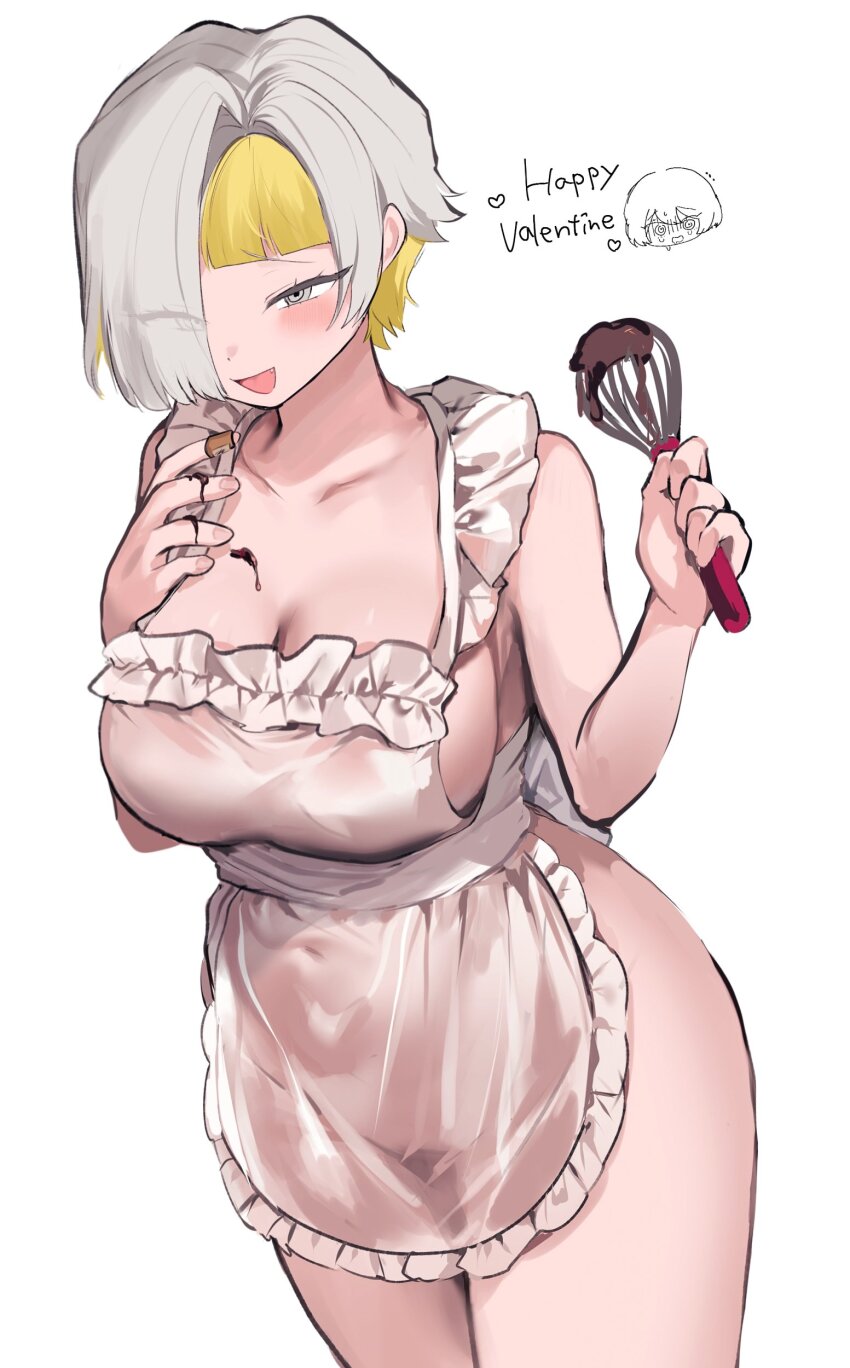 1girl absurdres apron bandaid bandaid_on_finger bare_hips blonde_hair blush breasts chibi chibi_inset chocolate fang grey_eyes grey_hair happy_valentine highres holding holding_whisk kromer_(project_moon) large_breasts limbus_company migishita multicolored_hair naked_apron navel open_mouth project_moon see-through_clothes sinclair_(project_moon) valentine whisk