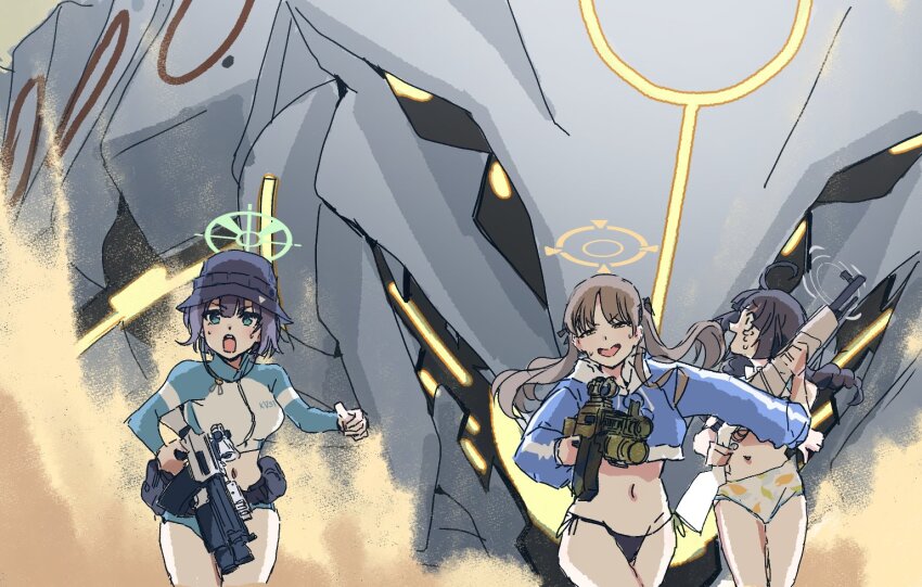 3girls :d belt_pouch bikini bikini_bottom_only binah_(blue_archive) black_hair blue_archive blue_eyes blunt_bangs bolt_action braid brown_eyes brown_hair chasing clich51368861 commentary_request cropped_jacket crying crying_with_eyes_open fleeing groin gun halo hat holding holding_gun holding_weapon lahti-saloranta_m/26 long_hair long_sleeves looking_at_another looking_at_viewer low_twintails miyu_(blue_archive) miyu_(swimsuit)_(blue_archive) moe_(blue_archive) moe_(swimsuit)_(blue_archive) mosin-nagant multiple_girls navel official_alternate_costume official_alternate_hairstyle open_mouth parody parted_bangs pouch print_bikini rifle running saki_(blue_archive) saki_(swimsuit)_(blue_archive) scene_reference short_hair side-tie_bikini_bottom sidelocks size_difference sketch smile stomach sweatdrop swimsuit tears transformers transformers_(2007_film) transformers_(live_action) twin_braids twintails unworn_eyewear v-shaped_eyebrows weapon white_bikini