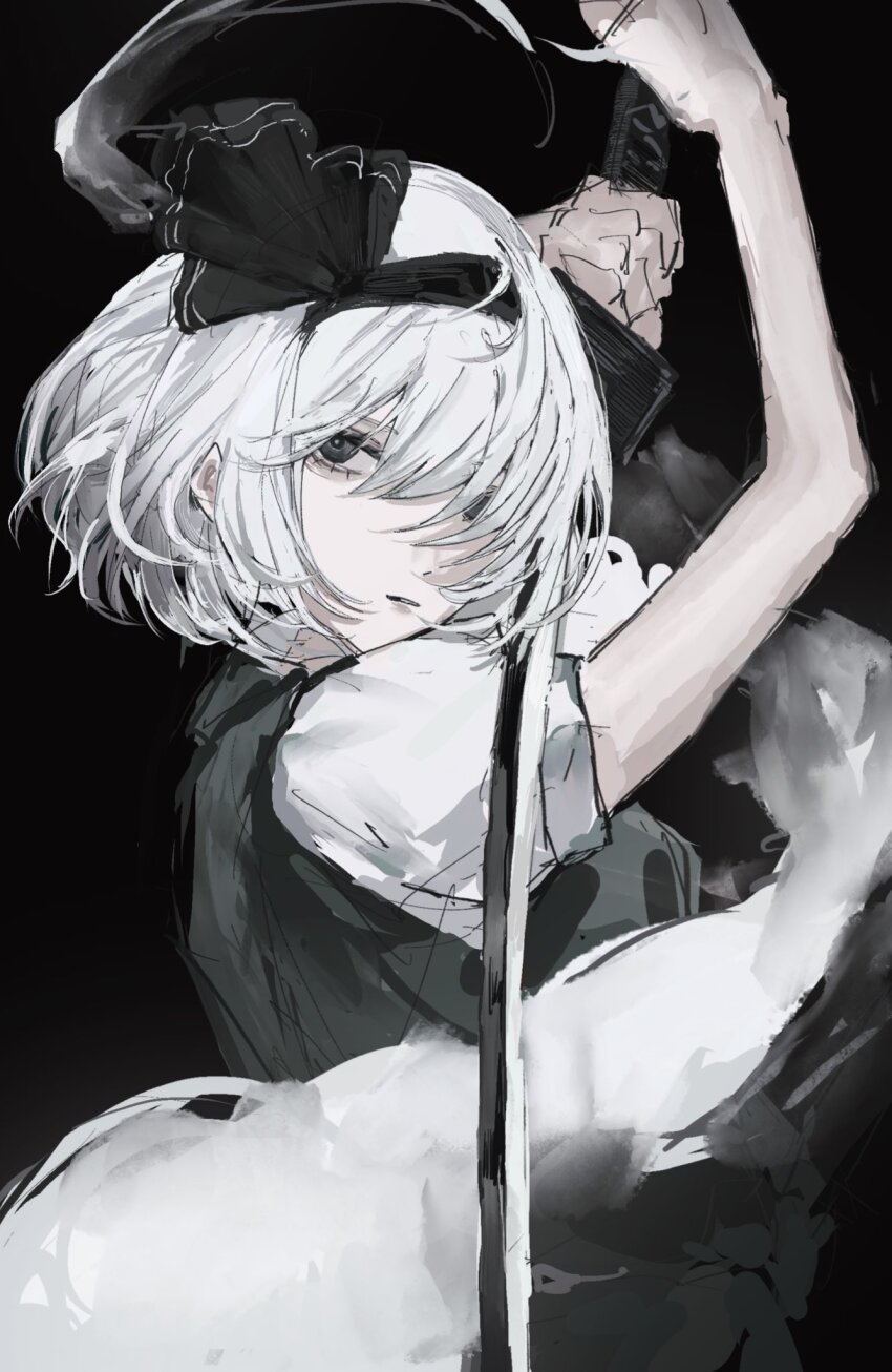 1girl 1other black_boots black_eyes black_hairband black_ribbon black_vest boots hair_between_eyes hairband highres holding holding_sword holding_weapon kachimashita katana konpaku_youmu konpaku_youmu_(ghost) ribbon shirt short_hair short_sleeves simple_background solo sword touhou vest weapon white_hair white_shirt